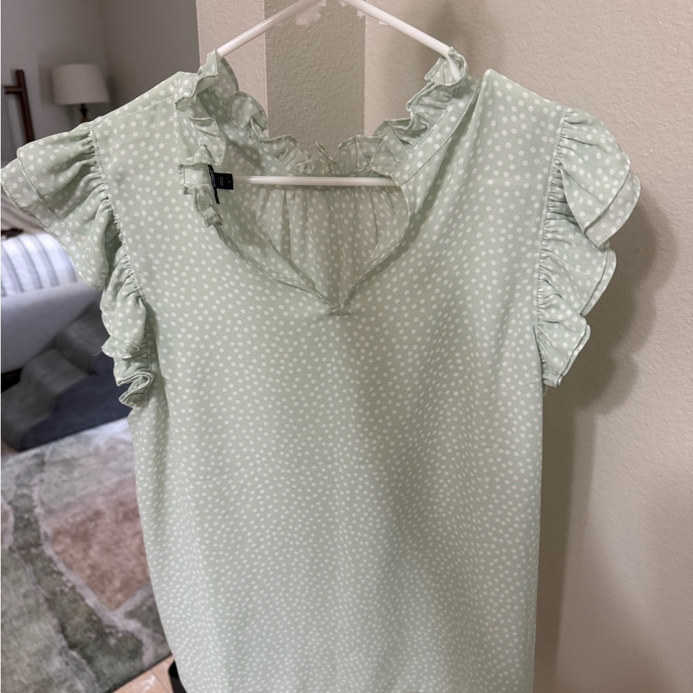 Express Light Green Polka Dot Ruffle Blouse